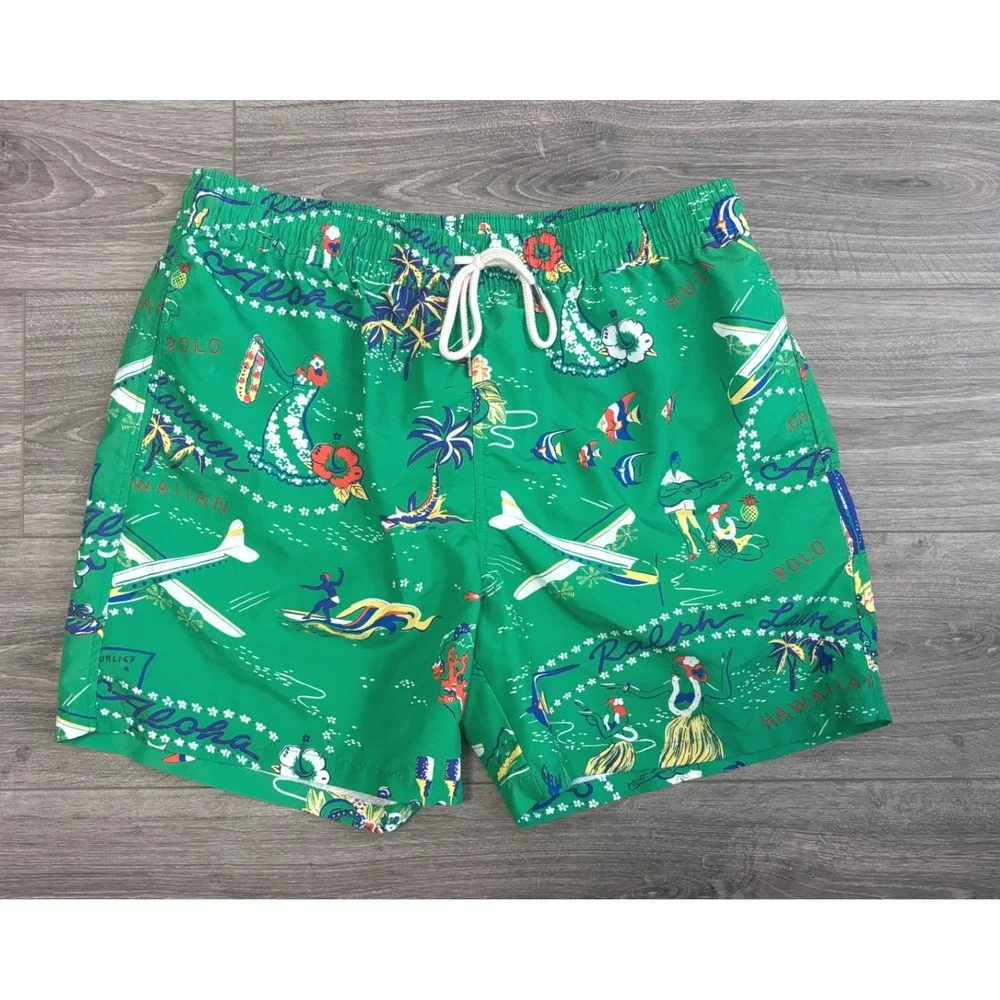 Polo Ralph Lauren Swim Shorts XL Green Hawaiian‎ Hula Tropical Trunks Beach Pool